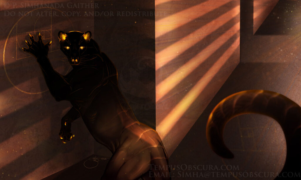 A solid black fossa stands on its hind legs with a paw against the wall on a drawing of The Golden Spiral. The room is partially shadowed by lines of light and dark from the setting sun.